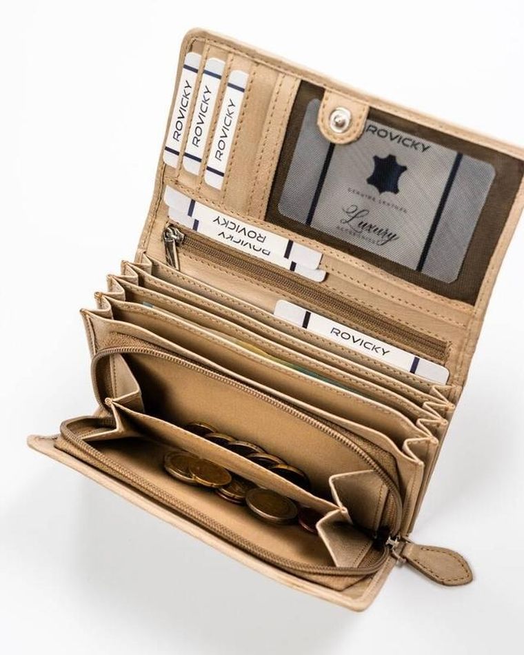 Portfel, beżowy, skórzany, RFID, Rovicky