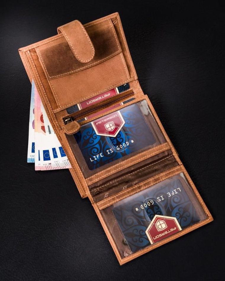 Portfel, brązowy, skórzany, RFID, Peterson