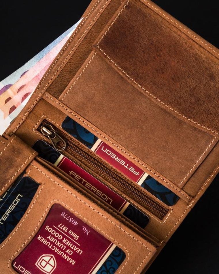 Portfel, brązowy, skórzany, RFID, Peterson