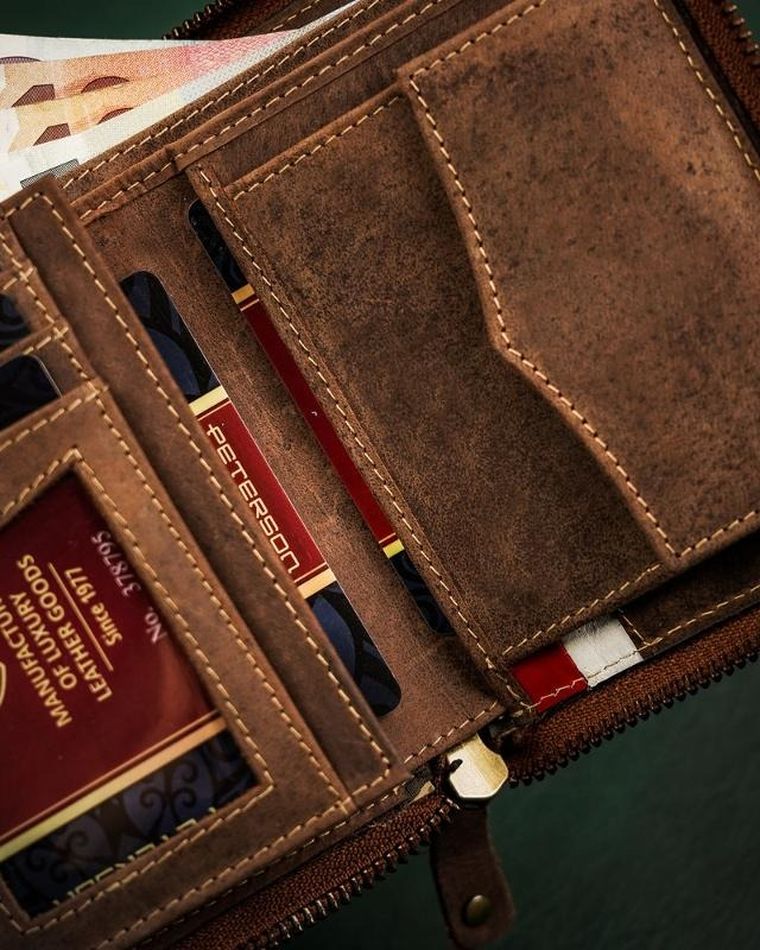 Portfel, brązowy, skórzany, RFID, Peterson