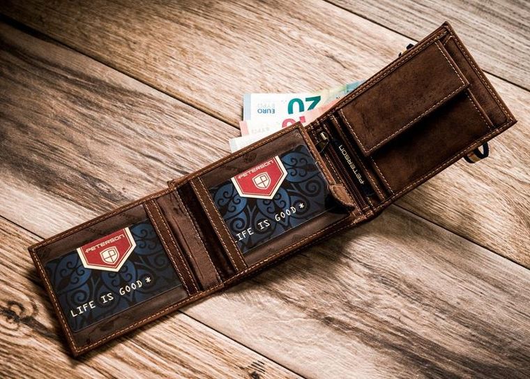 Portfel, brązowy, skórzany, RFID, Peterson