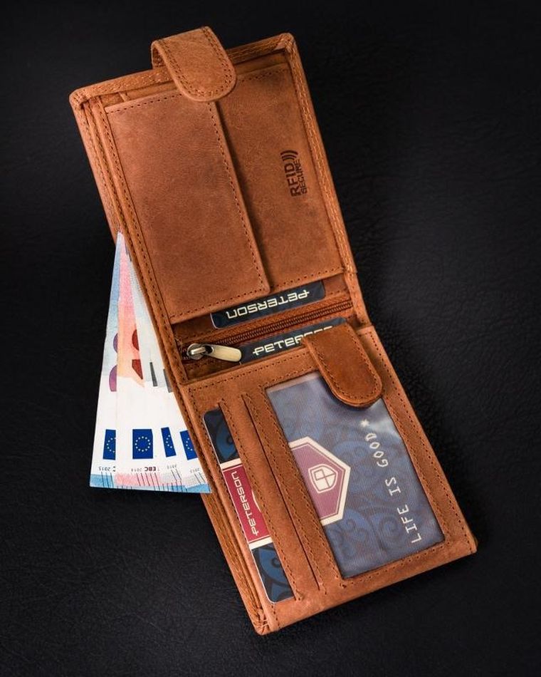 Portfel, brązowy, skórzany, RFID, Peterson