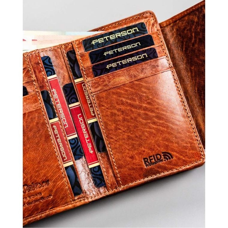 Portfel, brązowy, skórzany, RFID, Peterson