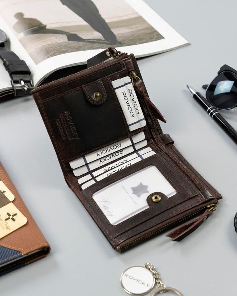 Portfel, brązowy, skórzany, RFID, Rovicky