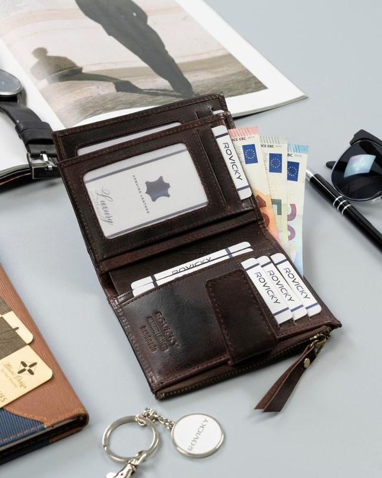 Portfel, brązowy, skórzany, RFID, Rovicky