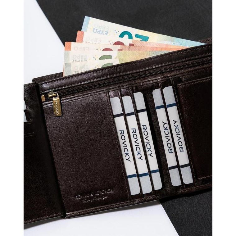 Portfel, brązowy, skórzany, RFID, Rovicky