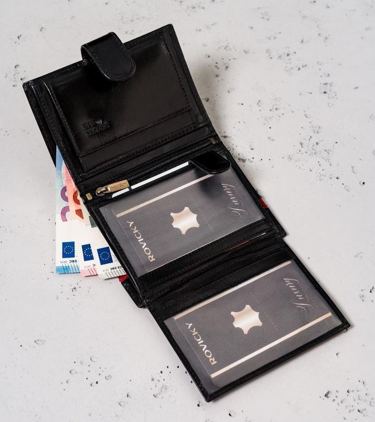 Portfel, czarno-czerwony, skórzany, RFID, Rovicky