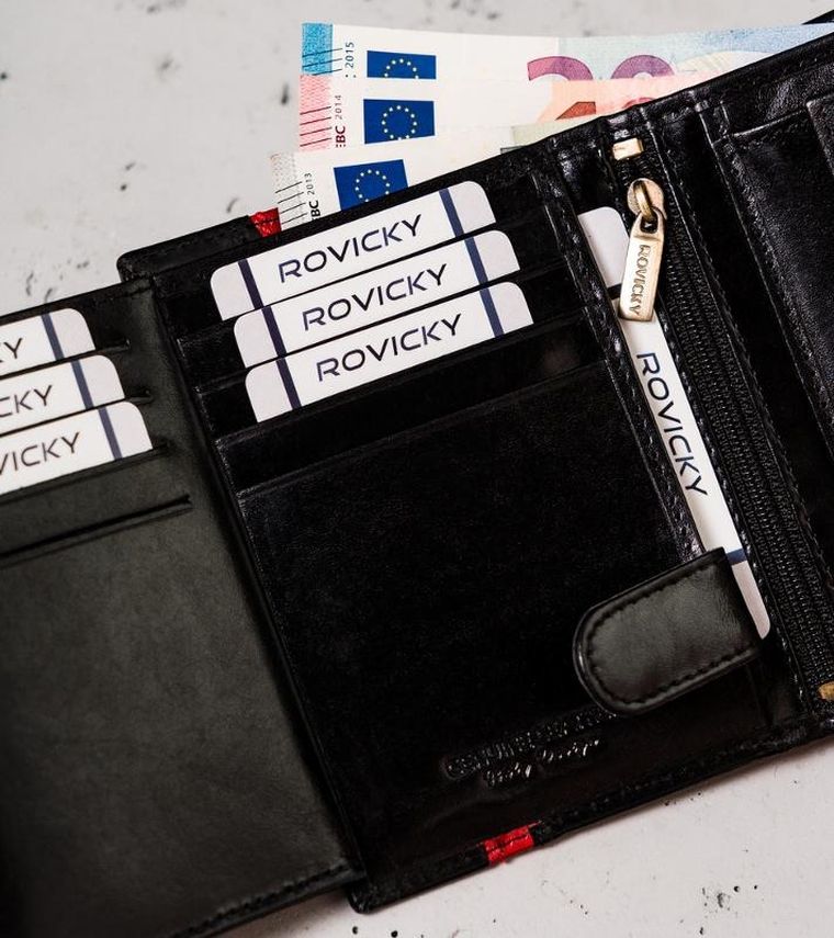 Portfel, czarno-czerwony, skórzany, RFID, Rovicky
