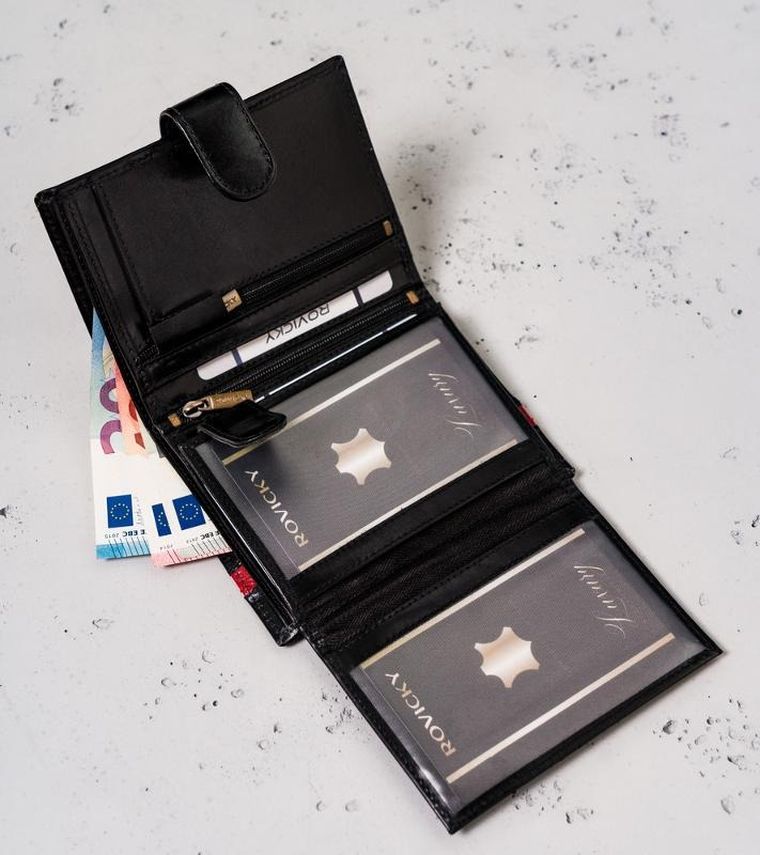 Portfel, czarno-czerwony, skórzany, RFID, Rovicky