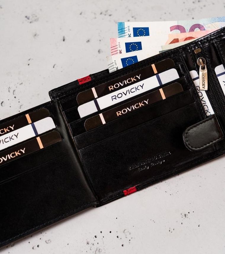 Portfel, czarno-czerwony, skórzany, RFID, Rovicky