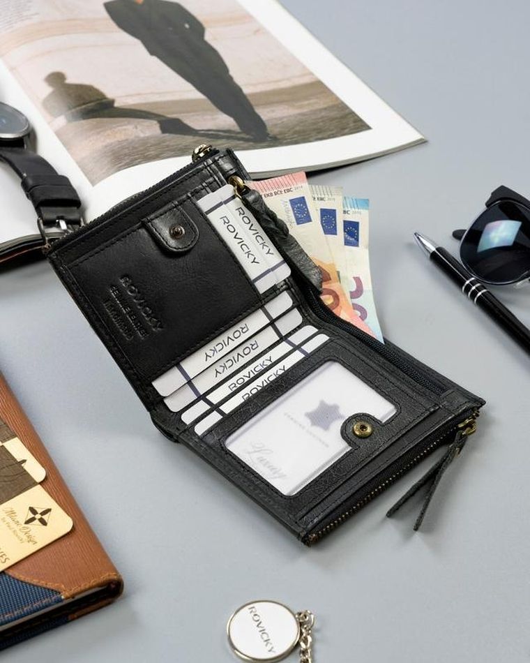 Portfel, czarny, skórzany, RFID, Rovicky