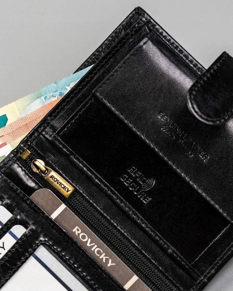 Portfel, czarny, skórzany, RFID, Rovicky