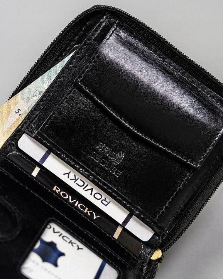 Portfel, czarny, skórzany, RFID, Rovicky