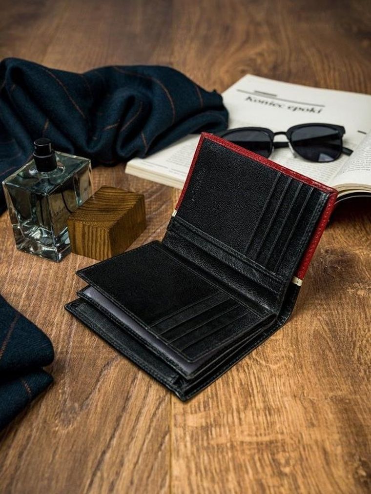 Portfel, czerwono-czarny, skórzany, RFID, Rovicky