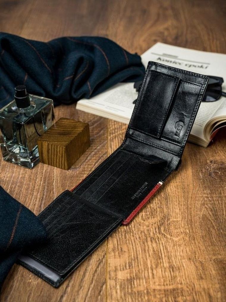 Portfel, czerwono-czarny, skórzany, RFID, Rovicky