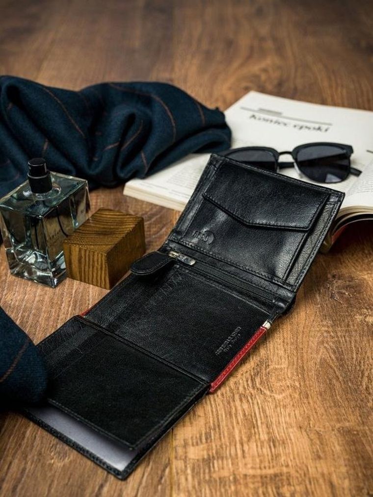 Portfel, czerwono-czarny, skórzany, RFID, Rovicky