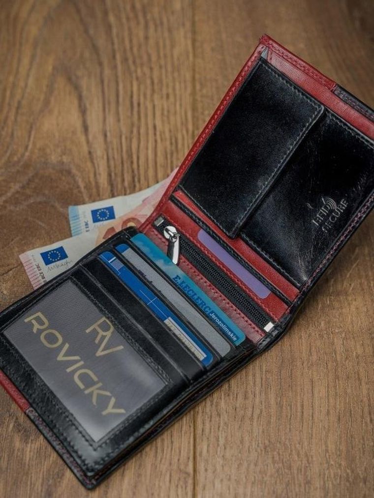 Portfel, czerwono-czarny, skórzany, RFID, Rovicky
