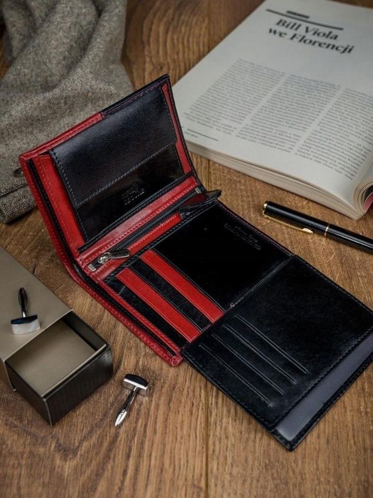 Portfel, czerwono-czarny, skórzany, RFID, Rovicky