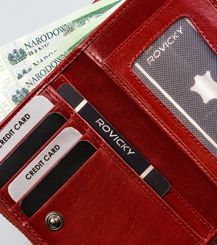 Portfel, czerwony, skórzany, RFID, Rovicky