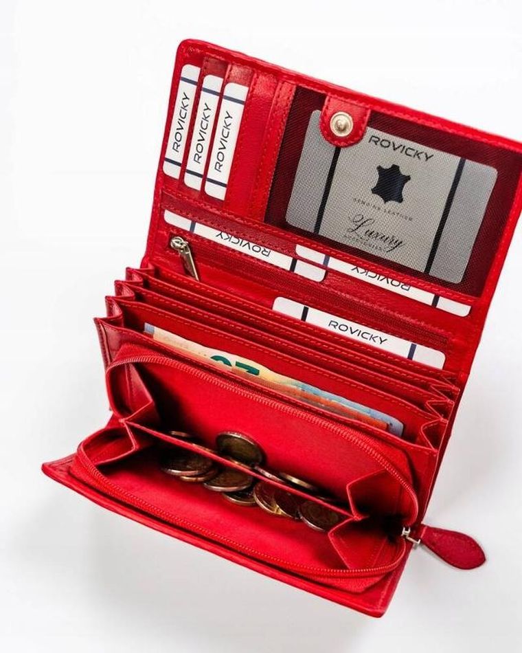 Portfel, czerwony, skórzany, RFID, Rovicky