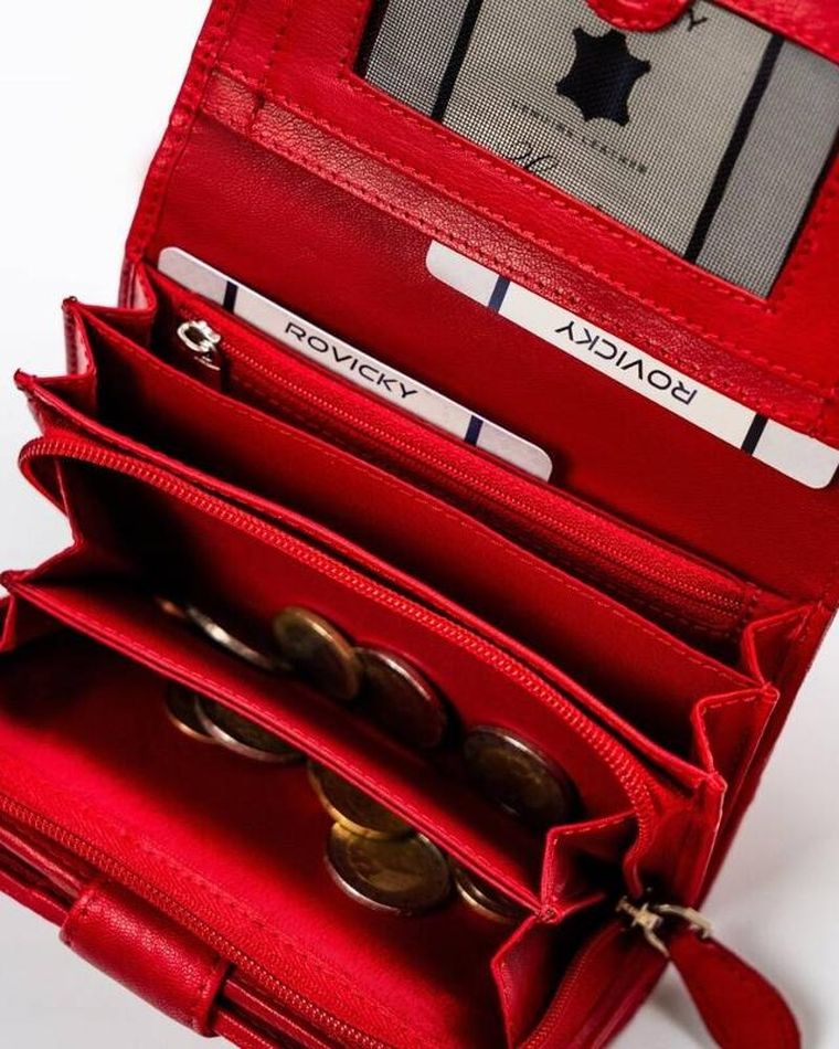 Portfel, czerwony, skórzany, RFID, Rovicky