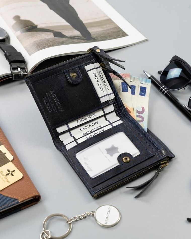 Portfel, granatowy, skórzany, RFID, Rovicky