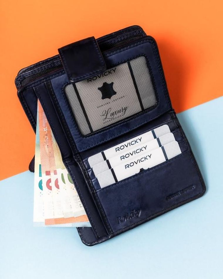 Portfel, granatowy, skórzany, RFID, Rovicky