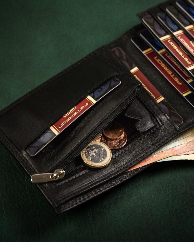 Portfel na karty, czarny, skórzany, Peterson