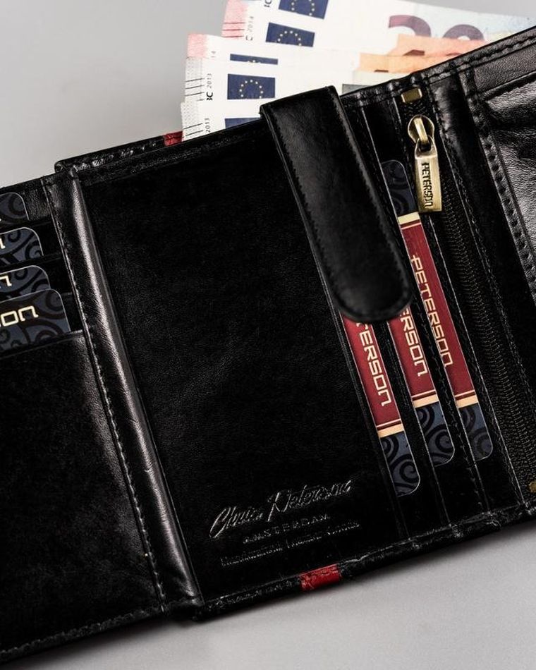 Portfel na karty, czarny, skórzany, RFID, Peterson