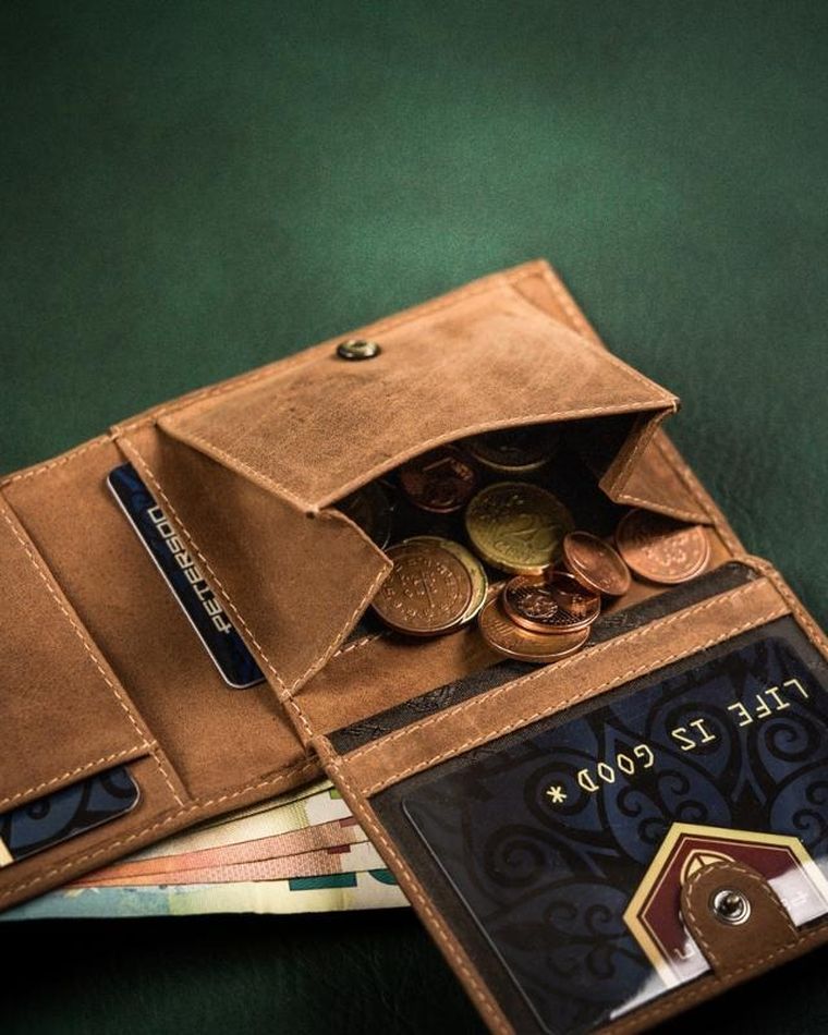 Portfel z kieszonką na kartę, brązowy, skórzany, Peterson