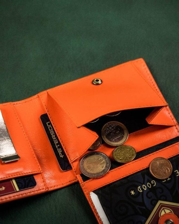 Portfel z kieszonką na kartę, czarno-pomarańczowy, skórzany, Peterson