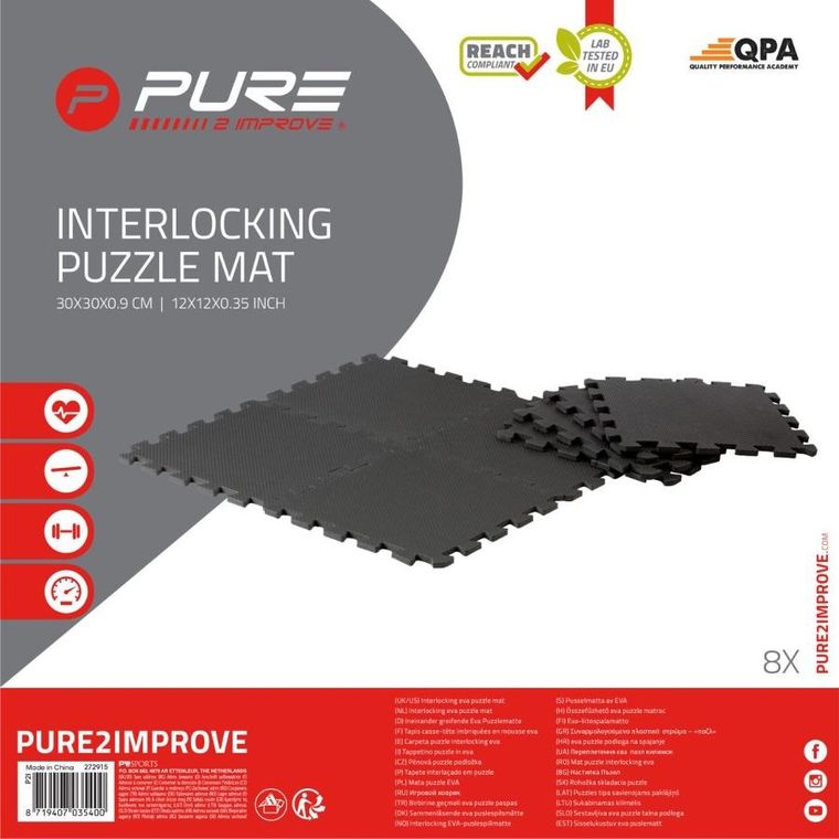 Pure 2 Improve, mata puzzle pod sprzęt fitness, czarna, 30-30-0,9 cm, 8 szt.
