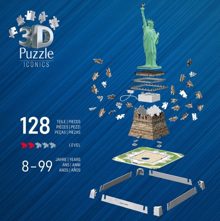 Ravensburger, Iconics, Statua Wolności, puzzle 3D LED, 128 elementów