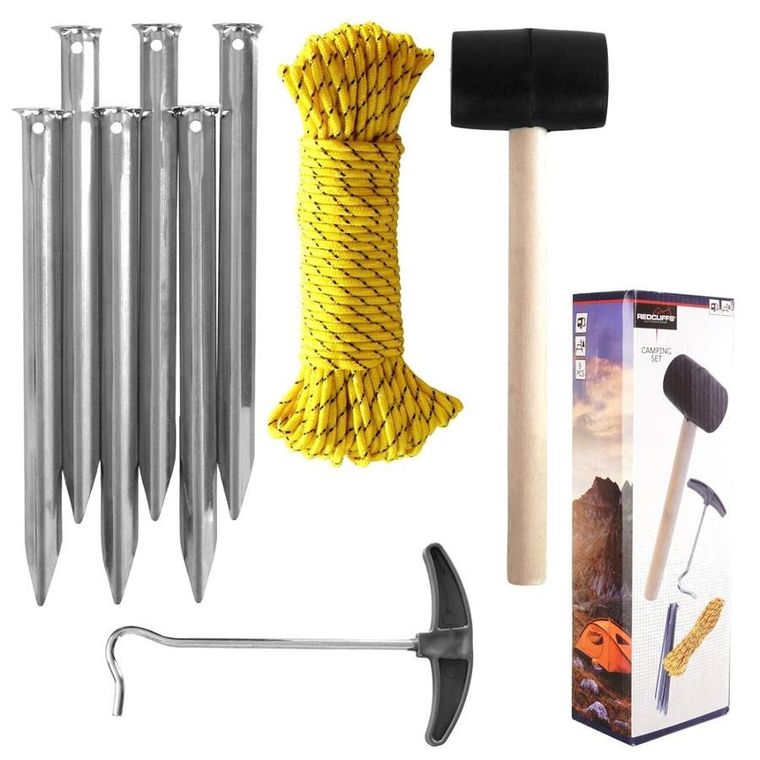 RedCliffs, kempingowy zestaw akcesoriów, śledzie, młotek, linka, hak, 9 elementów