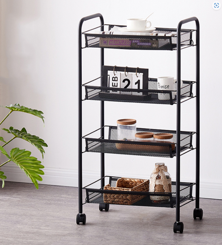 Regał na kółkach z czterema półkami, czarny