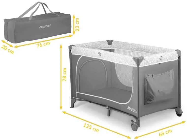 Ricokids, łóżeczko turystyczne z materacem i torbą, jasnoszare
