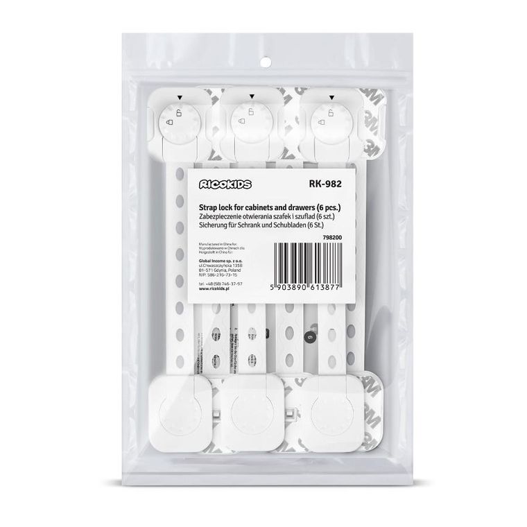 Ricokids, zabezpieczenie otwierania szafek, białe, 6 szt.