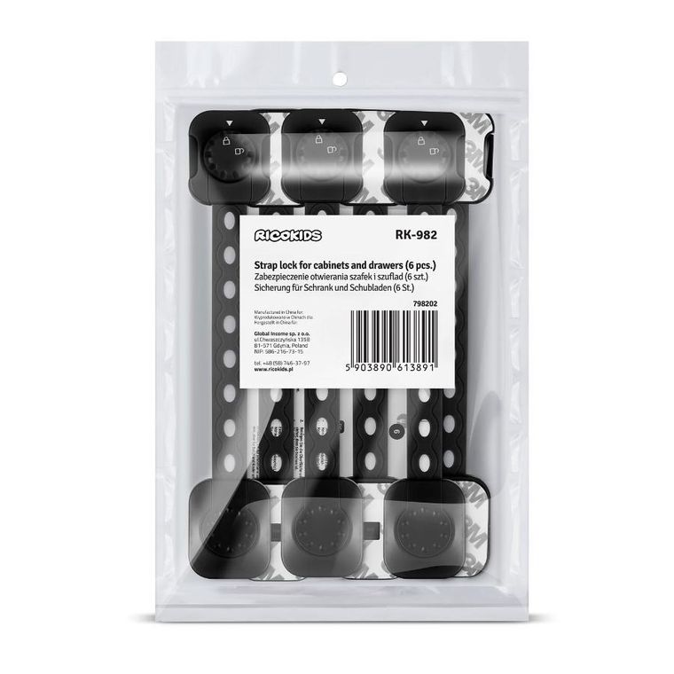 Ricokids, zabezpieczenie otwierania szafek, czarne, 6 szt.