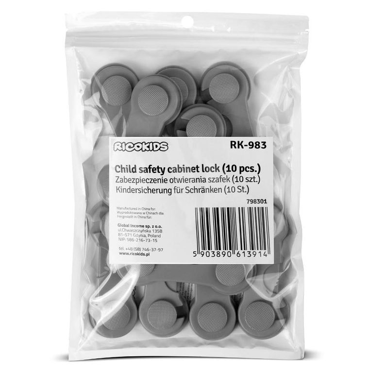 Ricokids, zabezpieczenie otwierania szafek, szare, 10 szt.