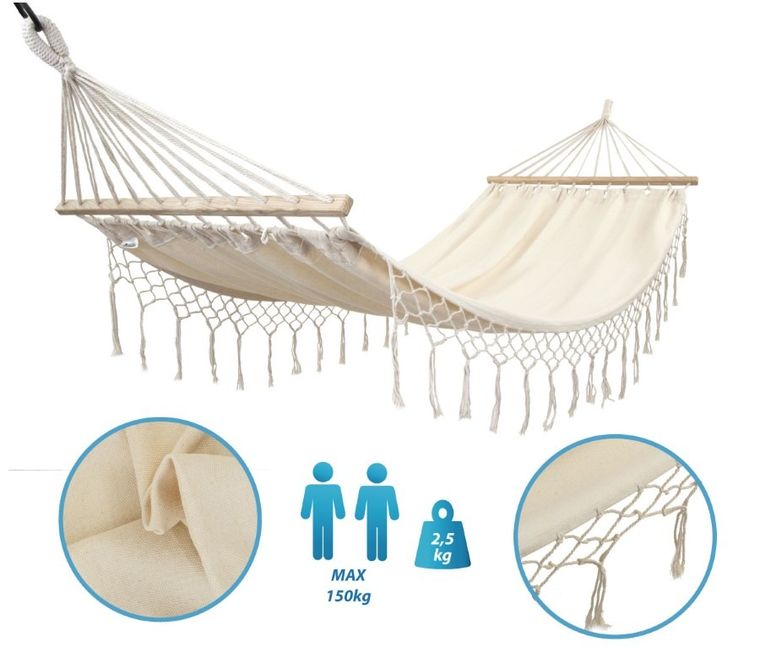 Royokamp, hamak z frędzlami, 2-osobowy, Miami Natura, ecru, 200-150 cm