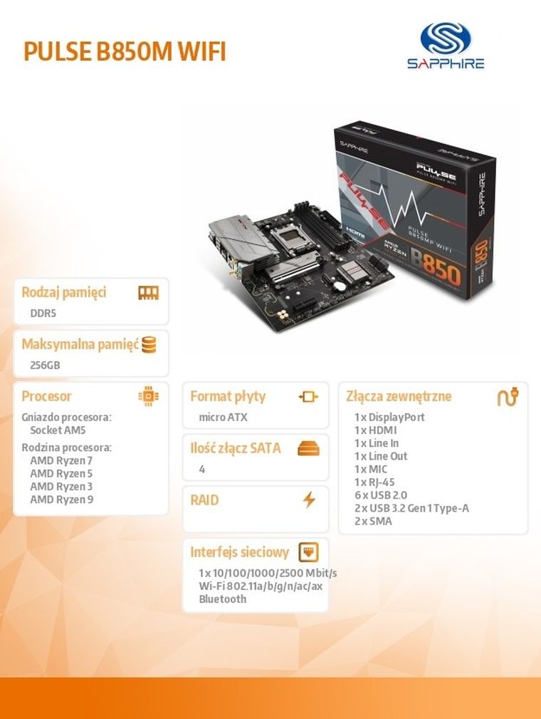 Sapphire Technology, płyta główna, PULSE B850M WIFI AM5 4DDR5 mATX