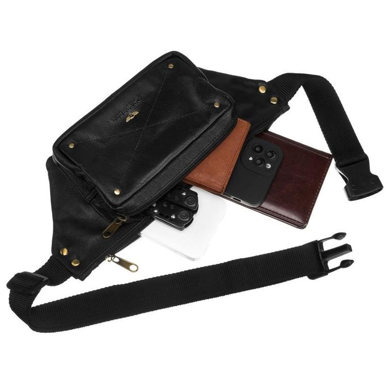 Saszetka na biodro, nerka, czarna, skórzana, Peterson