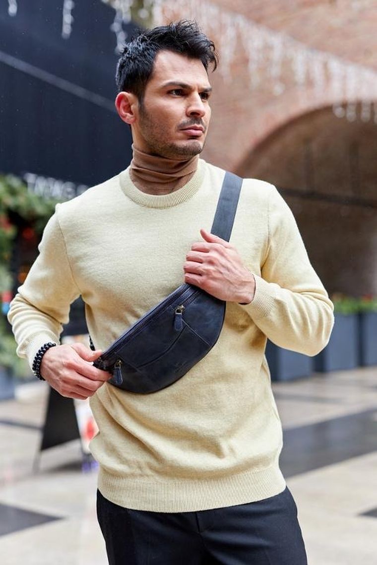 Saszetka na biodro, nerka, granatowa, skórzana, Peterson