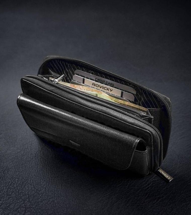 Saszetka-portfel, czarna, skórzana, RFID, Rovicky