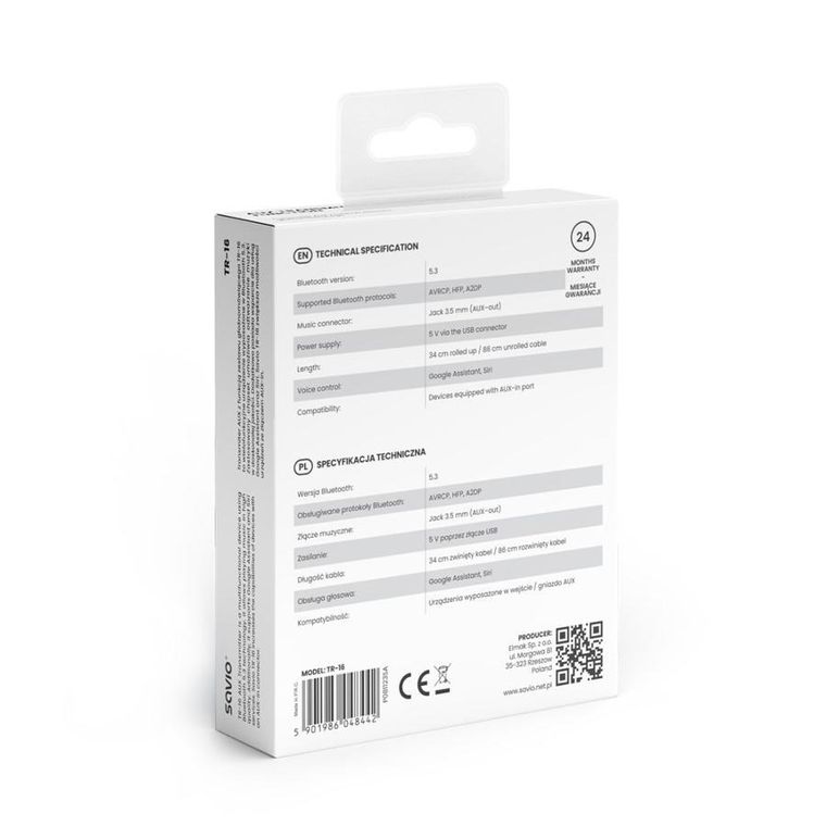Savio, transmiter, AUX, USB, BLUETOOTH 5.3, funkcja zestawu głośnomówiącego, TR-16
