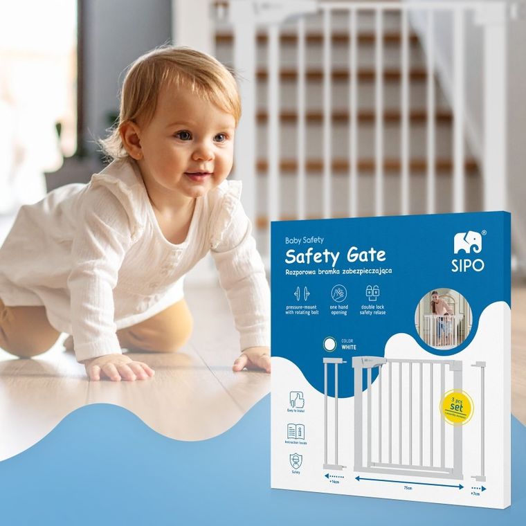 Sipo, bramka zabezpieczająca na schody, barierka ochronna, biała
