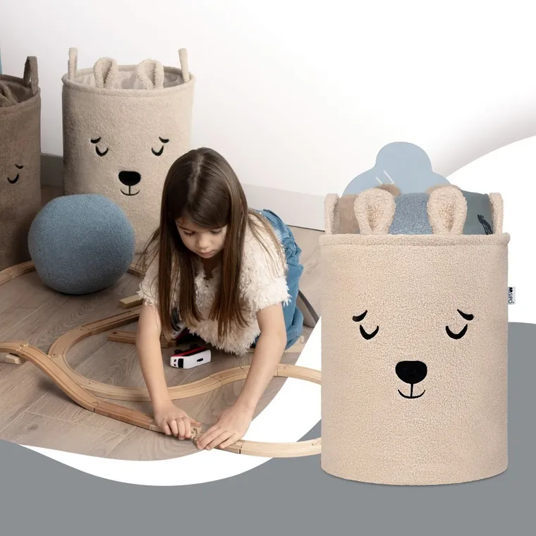 Sipo, Miś, kosz na zabawki XL, premium boucle, zamykany na ściągacz, beżowy