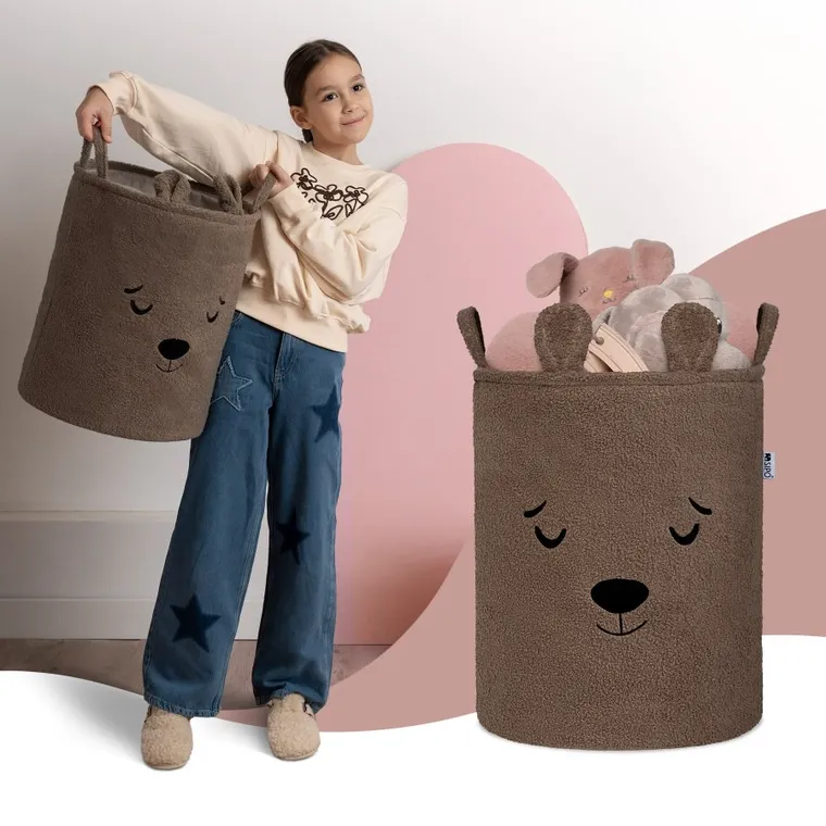 Sipo, Miś, kosz na zabawki XL, premium boucle, zamykany na ściągacz, brązowy
