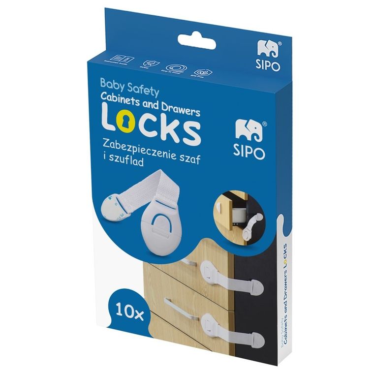 Sipo, zestaw zabezpieczeń do szaf i szuflad z paskiem elastycznym na zatrzask, 10 szt.