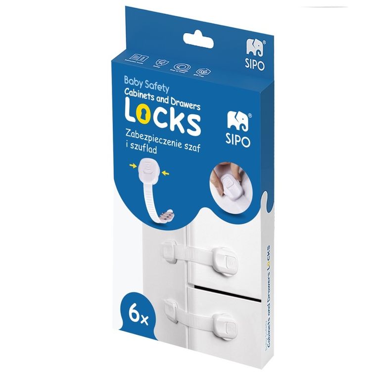 Sipo, zestaw zabezpieczeń do szaf i szuflad z podwójnym przyciskiem i regulacją, 6 szt.